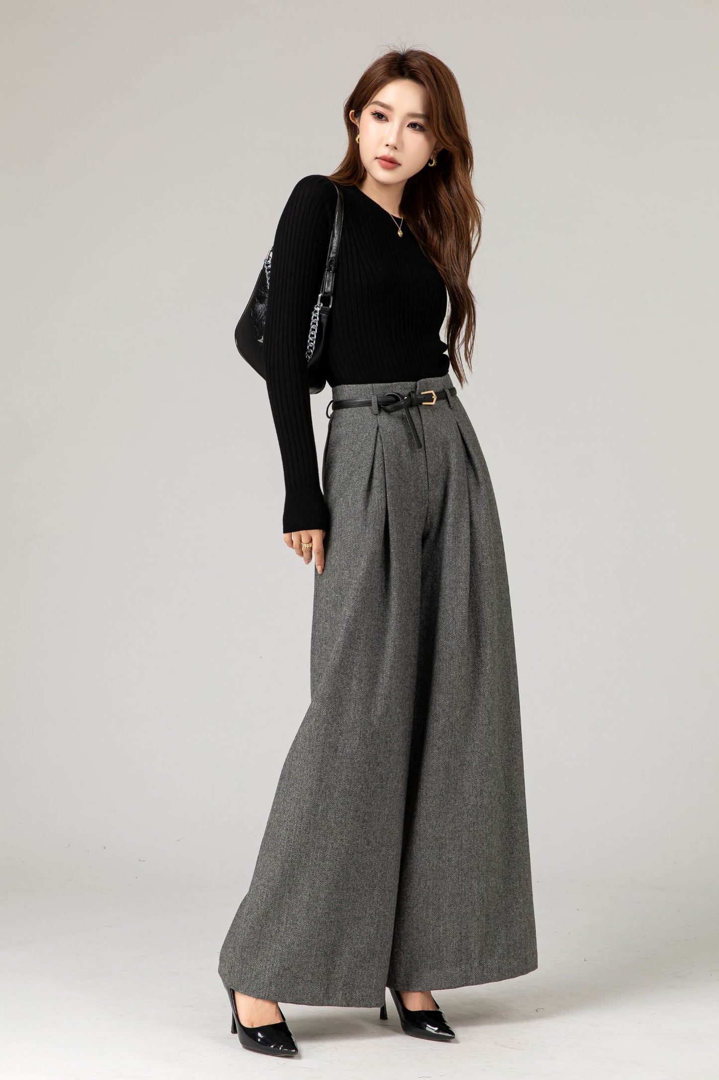 Gray wide leg long wool pants women 5482