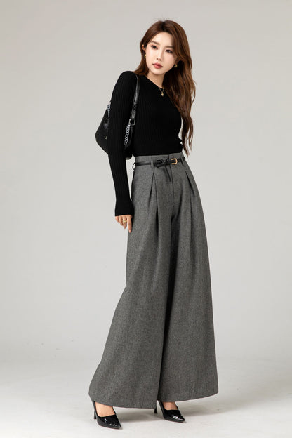 Gray Wool Wide-Leg Pants - High Waist Fitted | Xiaolizi 5482