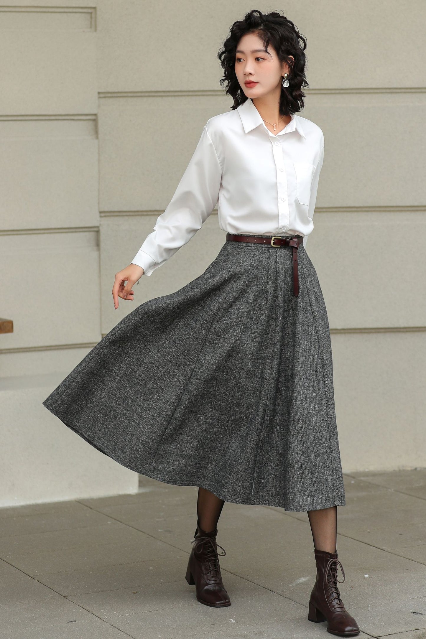 Grey Wool Pleated Midi Skirt - A-Line Silhouette with Pockets 6416