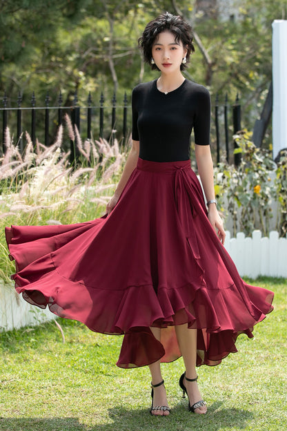 Chiffon Wrap Midi Skirt with Asymmetric Ruffle Hem | Xiaolizi 6742
