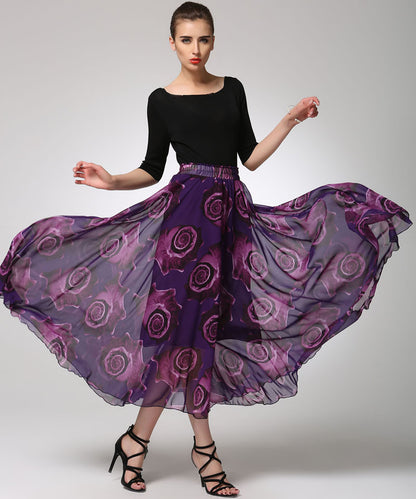 Vintage-Inspired Purple Print Chiffon Skirt with Elastic Waist 1297