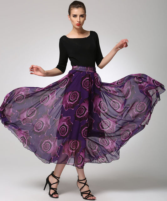 Vintage-Inspired Purple Print Chiffon Skirt with Elastic Waist 1297
