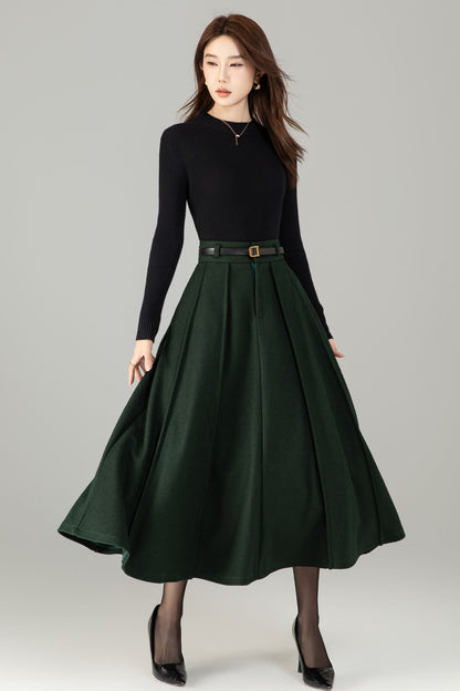 Army Green Wool Maxi Skirt - A-Line Vintage Elegance 6497