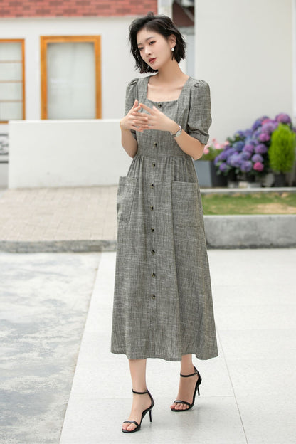 Gray Linen Cotton Midi Dress - Square Neckline with Puff Sleeves 5984