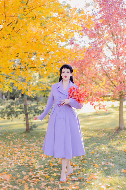 Purple Wool Long Coat - Double Breasted Fit and Flare Silhouette 3256