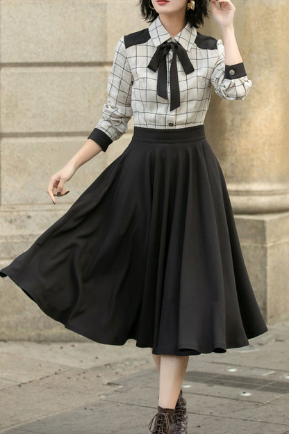 Plaid Linen Cotton A-Line Midi Dress - Relaxed Fit, Shirt Collar 5686
