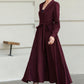 Burgundy Wool Wrap Midi Dress — Elegant Tie‑Waist A‑Line for Office 6512