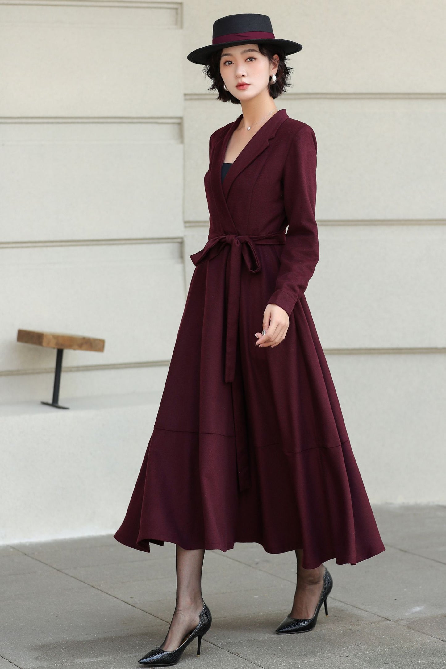 Burgundy Wool Wrap Midi Dress — Elegant Tie‑Waist A‑Line for Office 6512