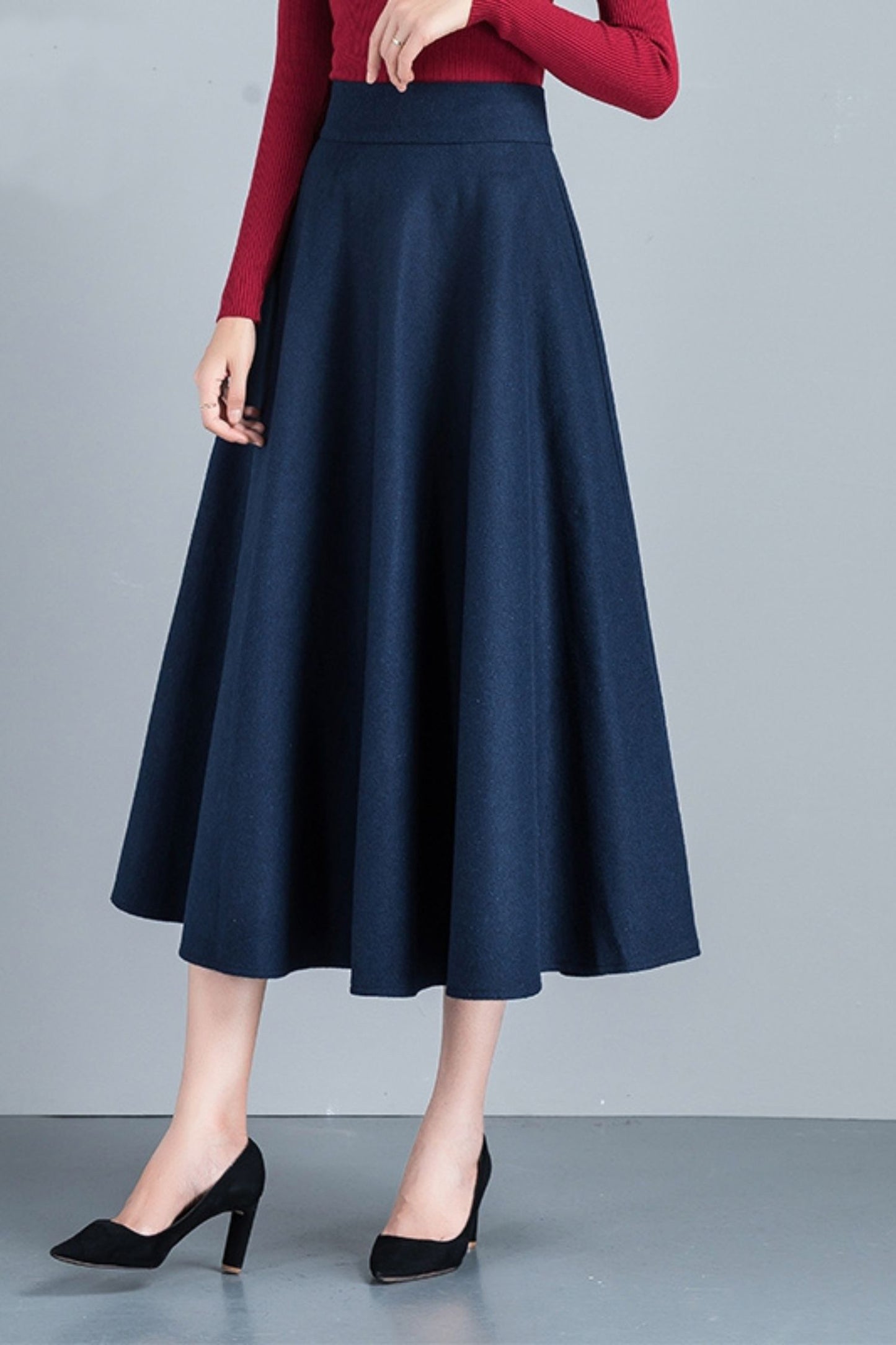 Handmade Wool Midi Skirt – Vintage A-Line High Waist with Pockets 6212