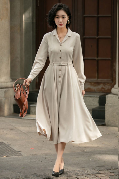 Beige Linen Cotton Midi Shirt Dress - Vintage Belted Swing Silhouette 5674