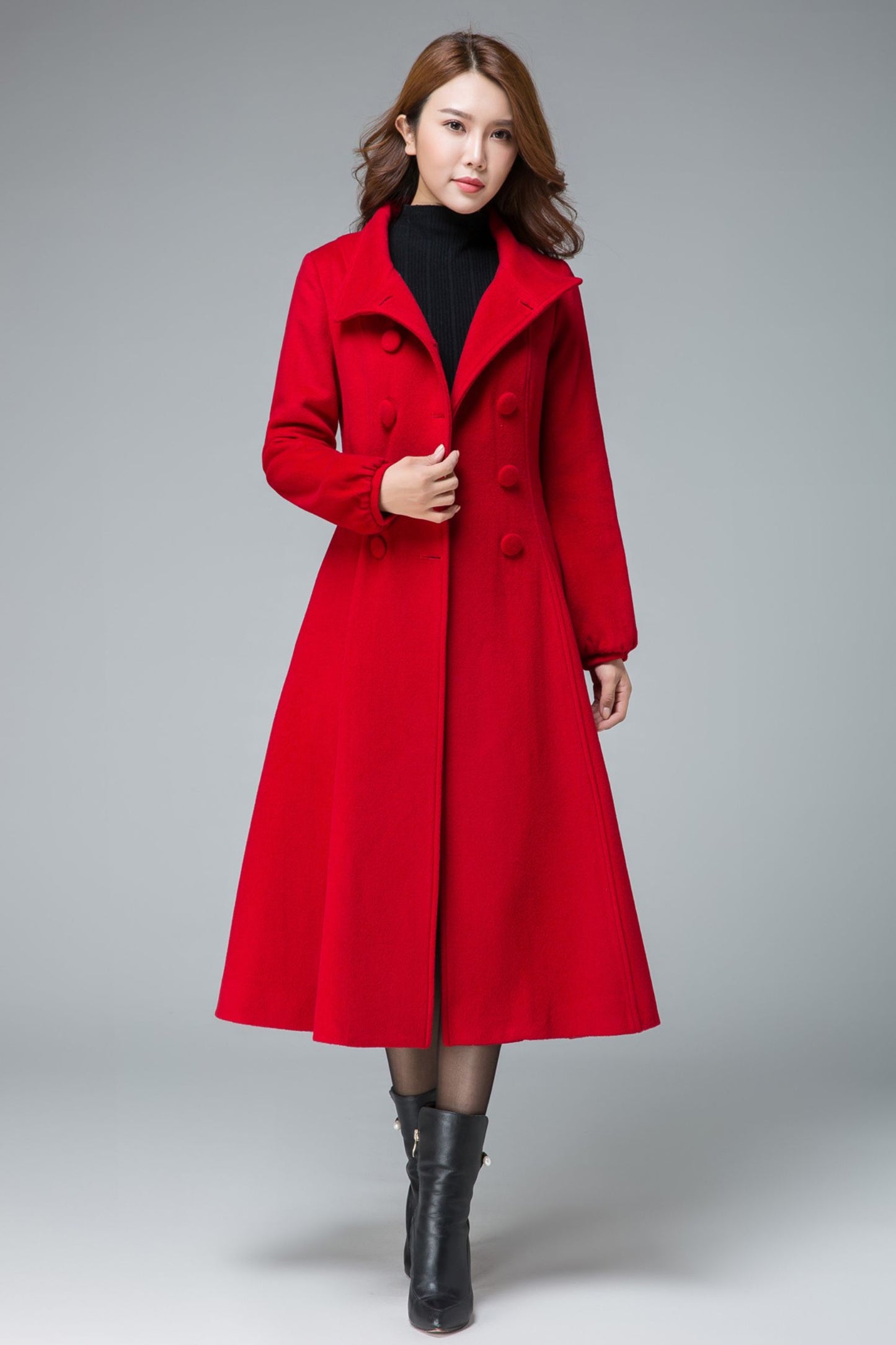 Red Fit and Flare Wool Long Winter Coat Women 1846#