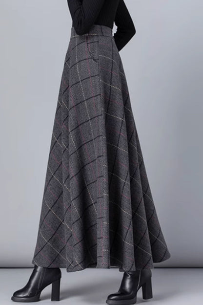 Gray Wool Midi Skirt - Vintage Plaid Full Silhouette 3138