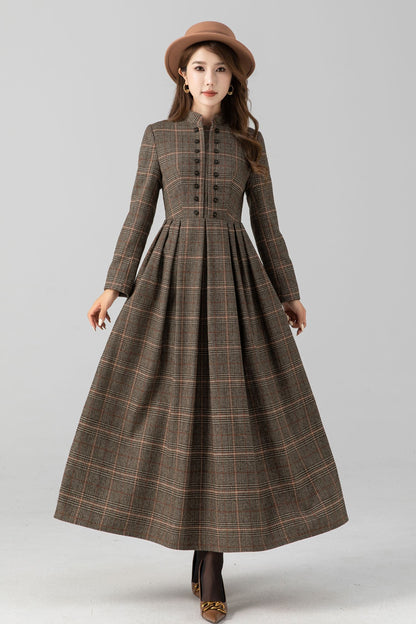 Plaid Wool Maxi Dress - Pleated Silhouette with Button Detail 5427