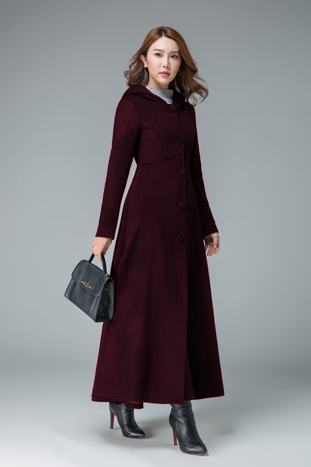 Elegant Hooded Wool Coat – Vintage Inspired Maxi A-Line Winter Outerwear 6304
