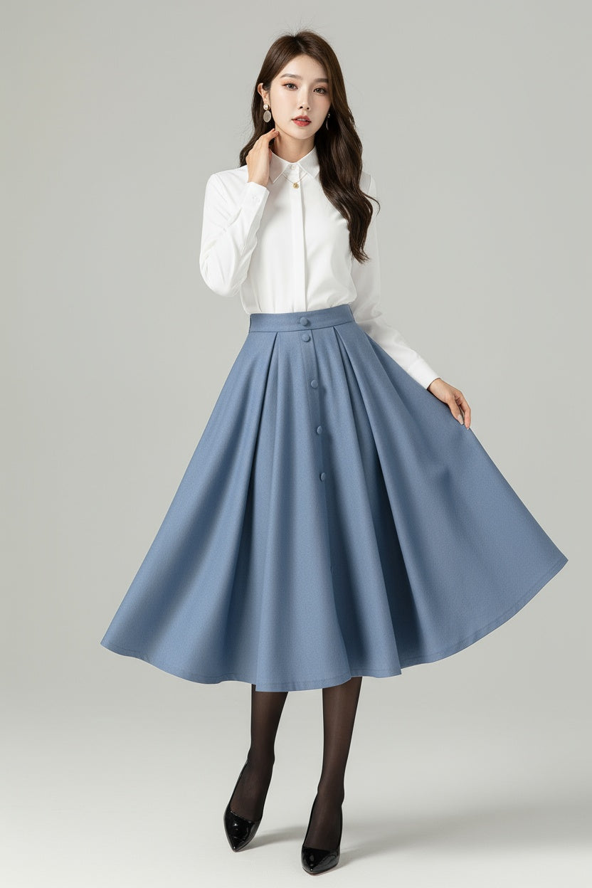 Blue Wool A-Line Midi Swing Skirt – High Waist Winter Skirt with Buttons 6566