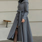 Hooded tie belt gray long winter wool coat 6535