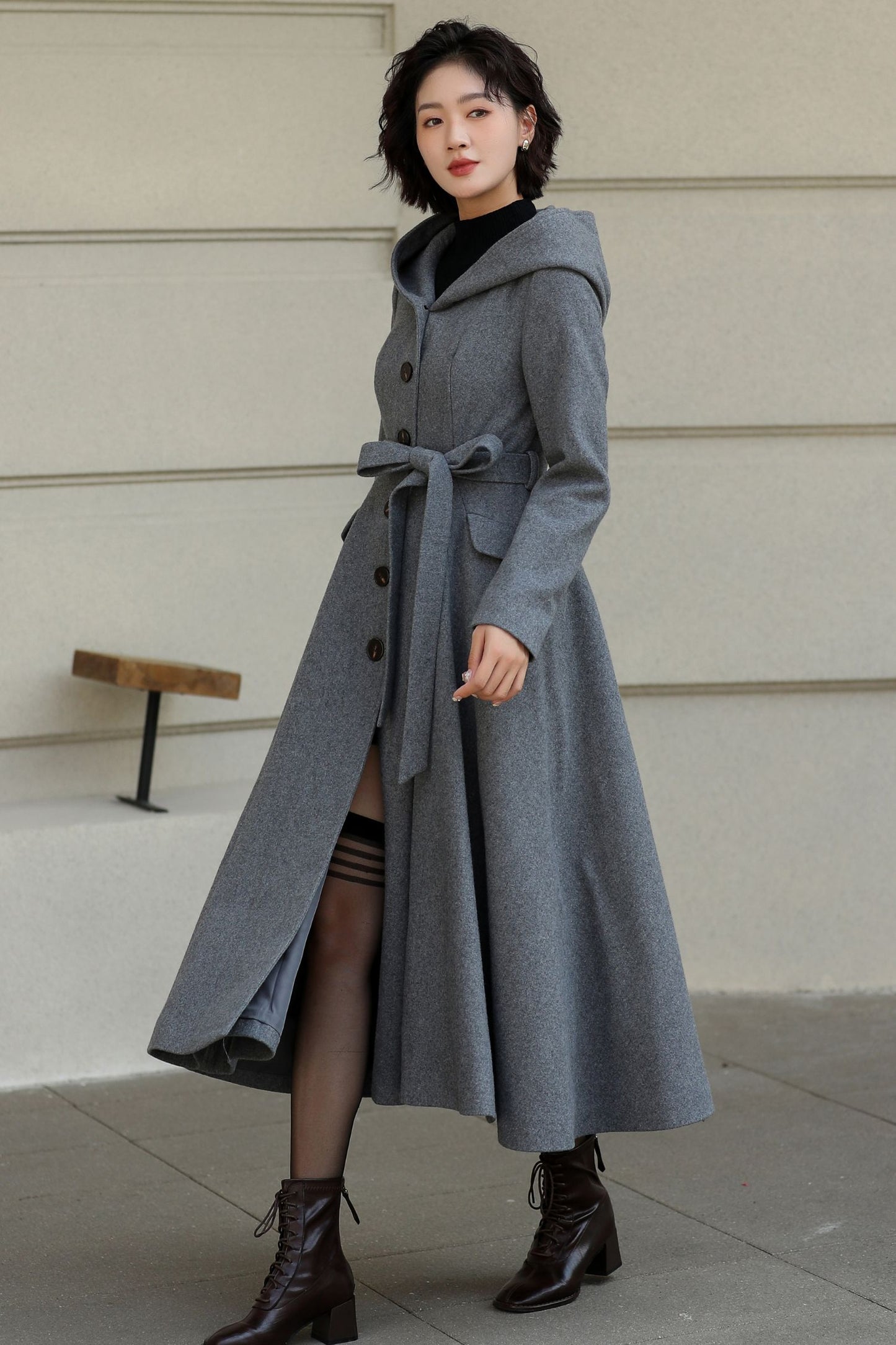 Hooded tie belt gray long winter wool coat 6535