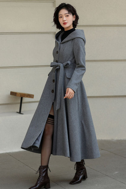 Gray Wool Long Coat - Hooded, Tie Belt, Fitted Waist 6535
