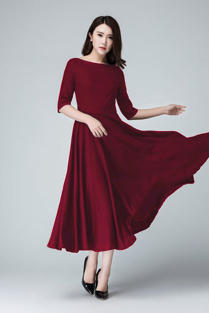 Burgundy Linen Midi Dress – Handmade Fit & Flare Elegant Day to Evening Dress | Xiaolizi 6632