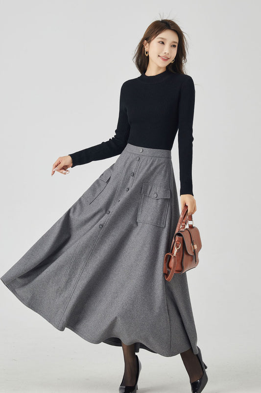 Gray a line long wool winter skirt 4529