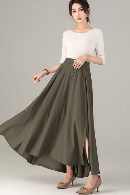 Olive Green Linen Cotton Maxi Skirt - Button-Up A-Line | Xiaolizi 5702