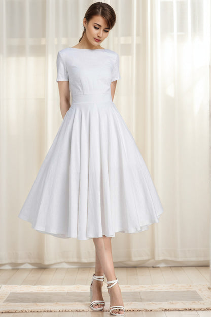 Little White Linen Swing Dress – Boat Neck Fit and Flare Midi 6627