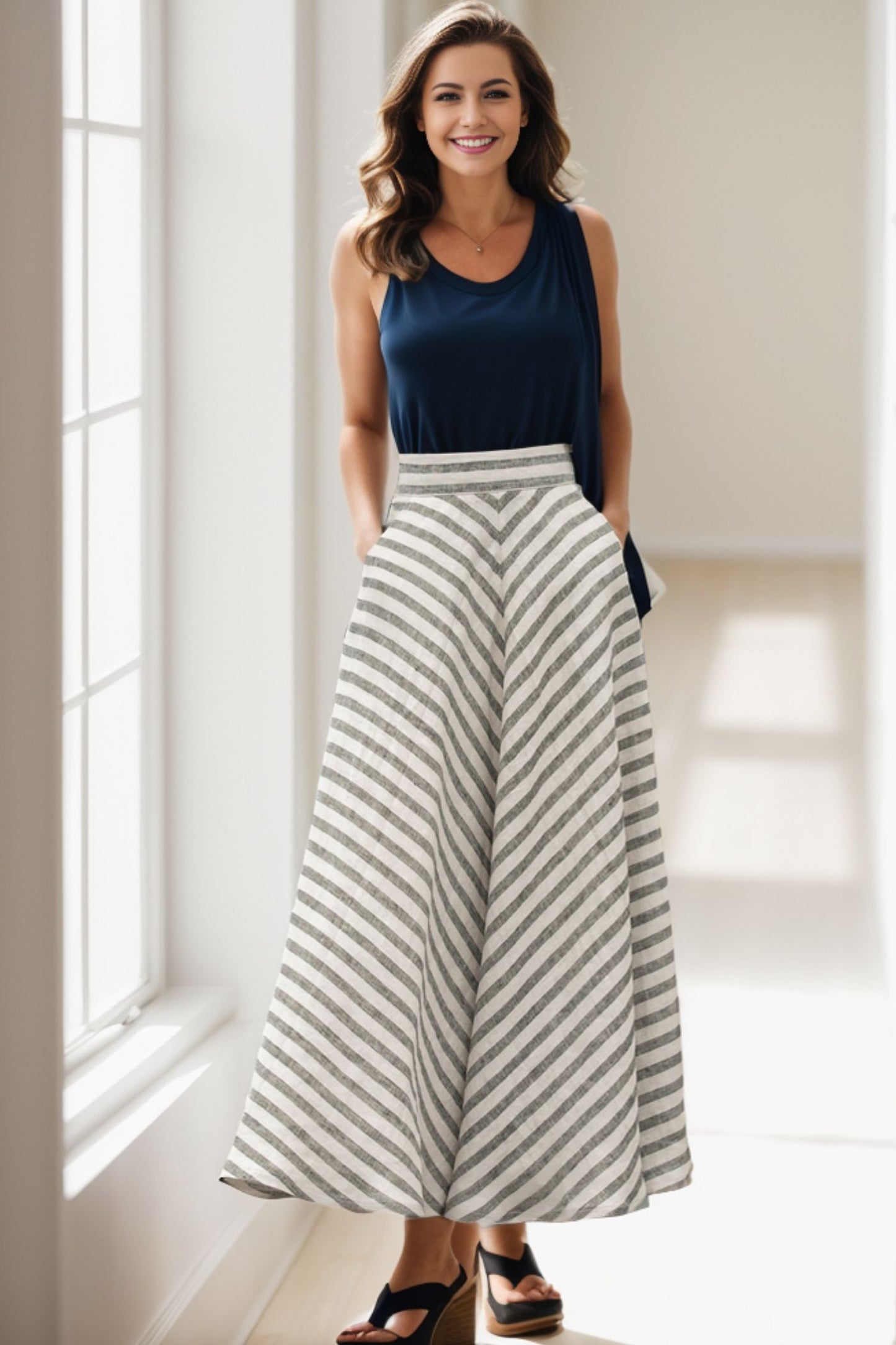 Maxi a line stripled summer linen skirt 5120