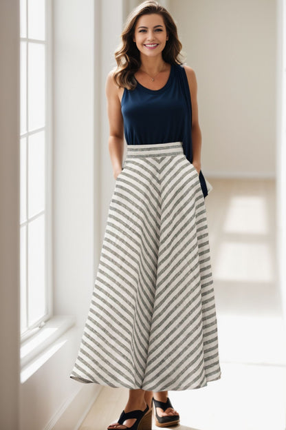 Striped Linen Maxi Skirt - A-Line Flowy High Waist 5120