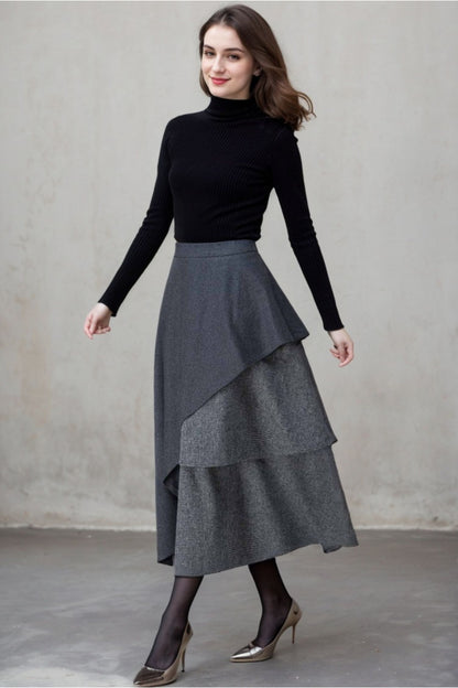 Gray Wool Layered Midi Skirt - Asymmetric Elegant Winter Wear 5409