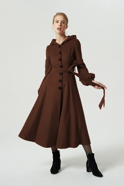Brown Wool Coat Maxi Dress - Hooded, Belted Swing Silhouette 6308