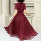 Burgundy midi fit and flare prom chiffon dress 5222