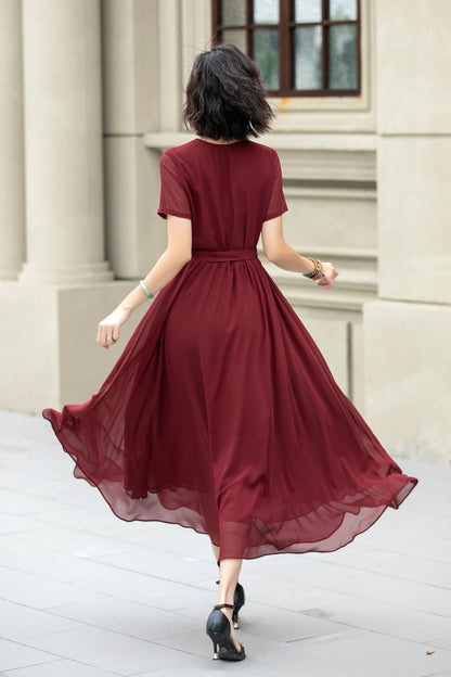 Burgundy Chiffon Midi Dress - Fit and Flare, V-Neck Wrap Style 5222