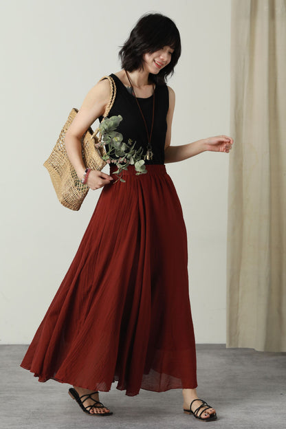 Maxi burgundy swing long linen skirt women 6175