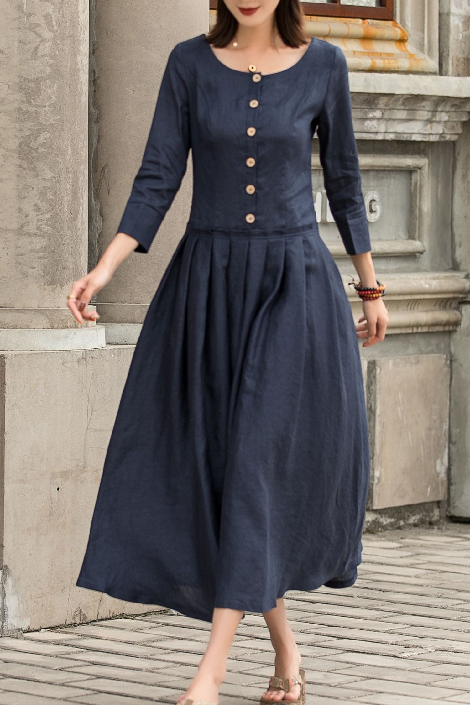 Navy 100% Linen Drop Waist Maxi Dress | Xiaolizi 2742 Navy 100% Linen Drop Waist Maxi Dress | Xiaolizi 2742