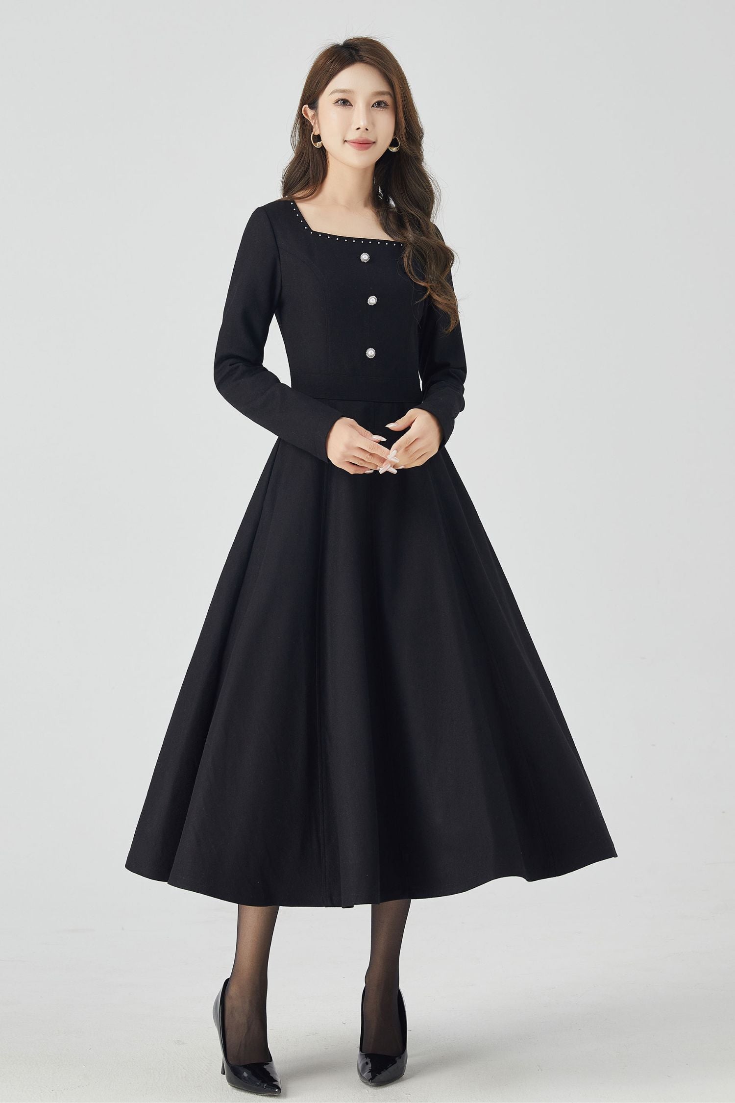 square neck winter dress Scarlet Button Dress with Square Neck Vintage Fairytale Winter Outfit Red / XS