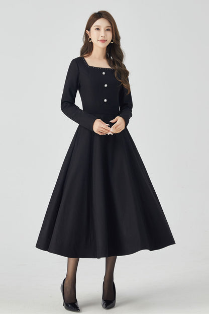 Long sleeves black midi wool dress 4521