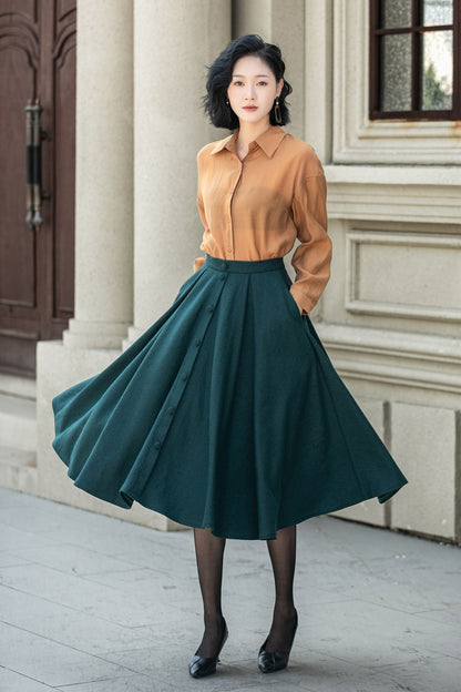 Dark Green Wool Midi Skirt - Flared A-Line with Elastic Waist 5311