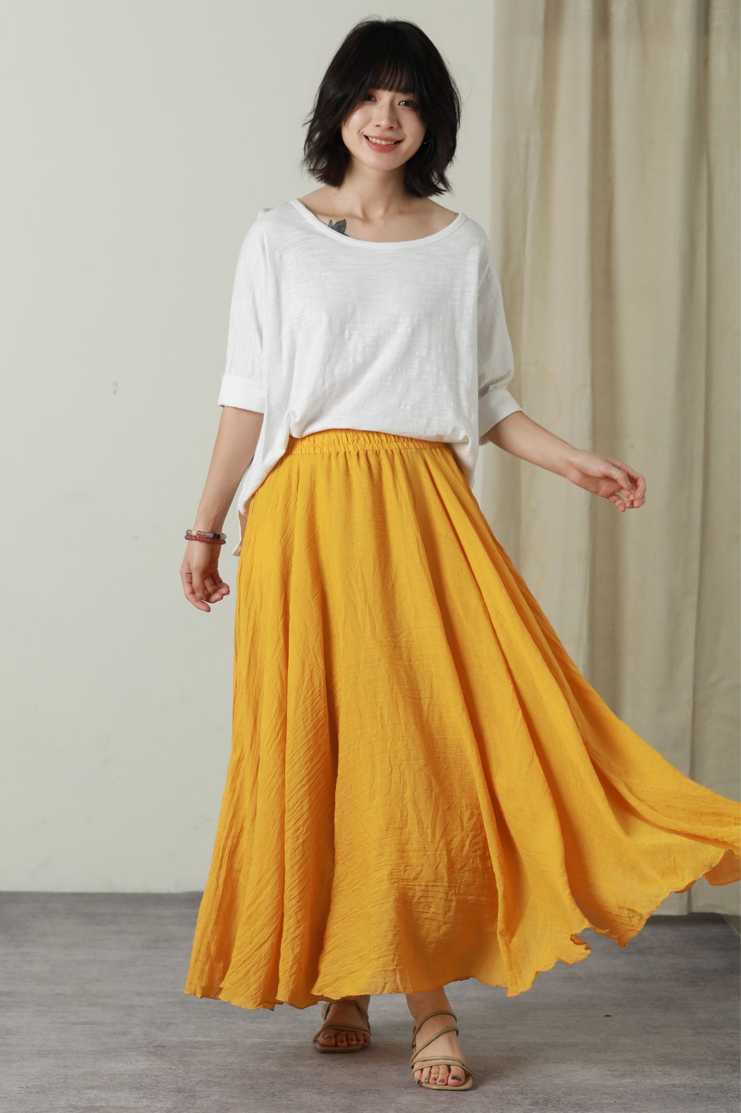 Elastic waist swing long linen skirt women 6179