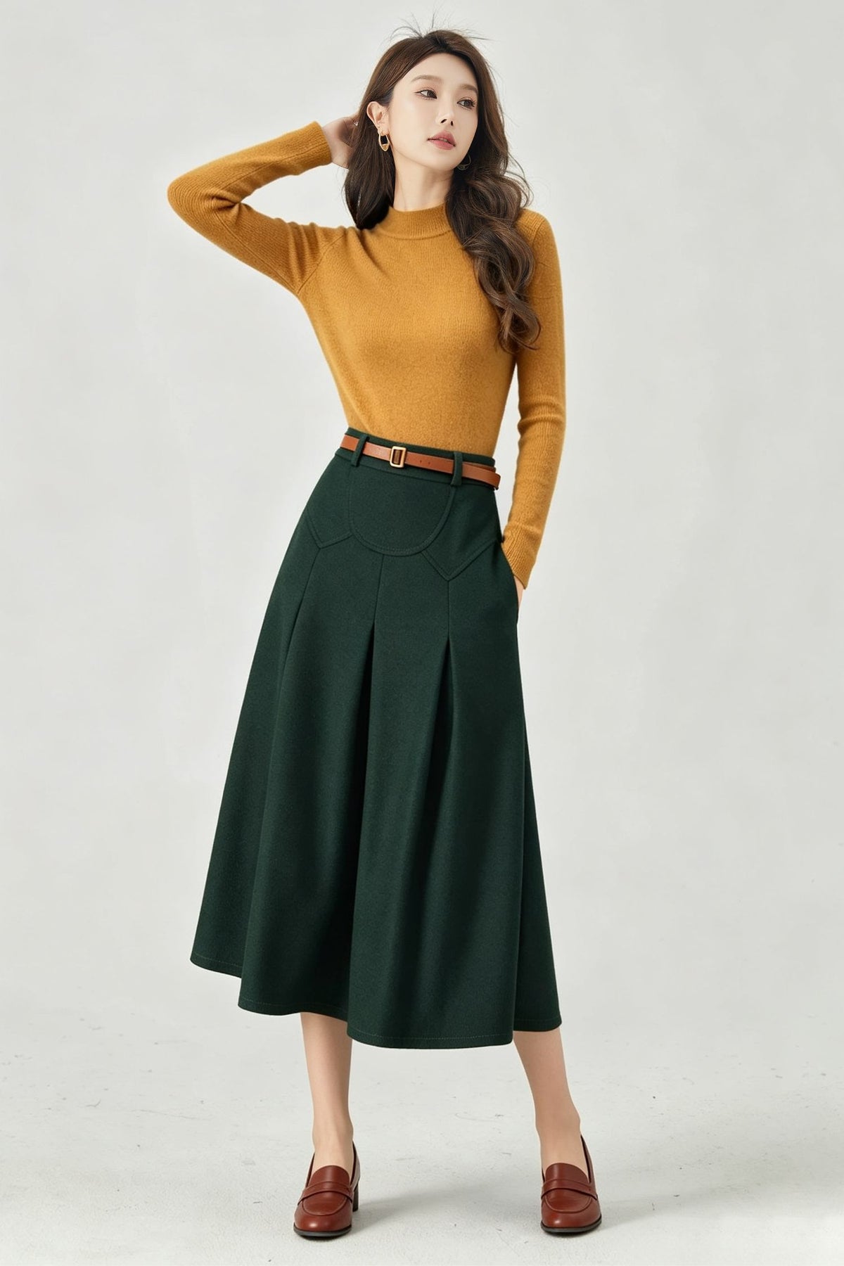 Vintage Dark Green Wool Swing Midi Skirt - High Waist A-Line Skirt 7014