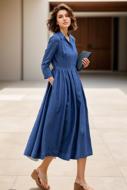 Fit and flare blue linen shirt dress women 5117