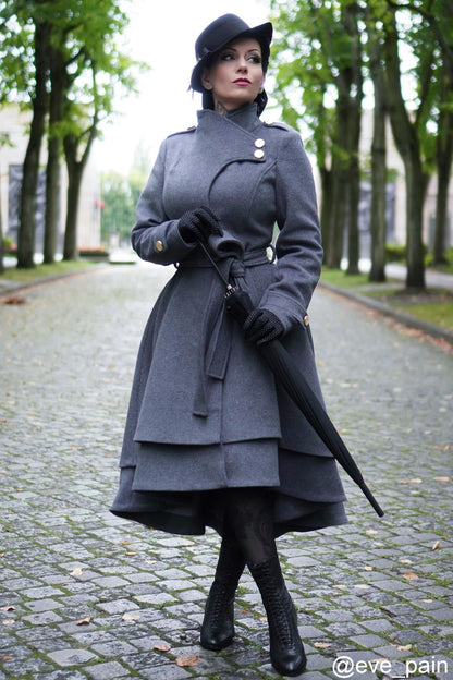 Grey Wool Coat - Tiered Hem, Self Tie Waist 2408