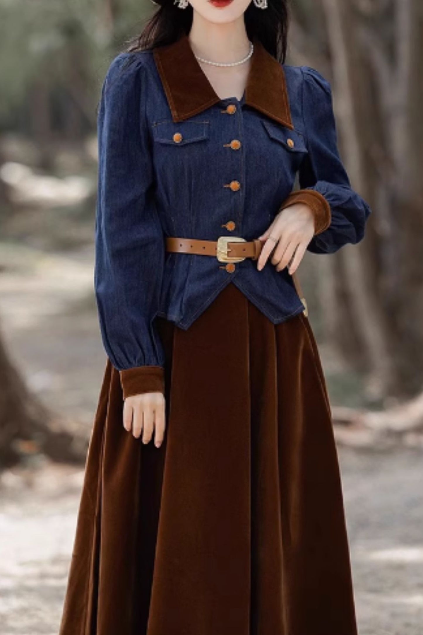 Blue top with brown velvet skirt 5545