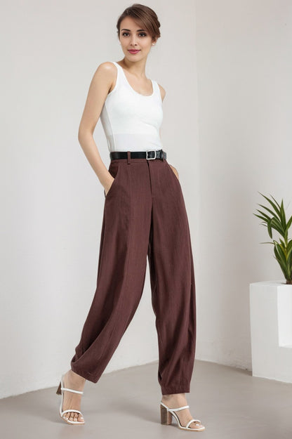 Brown Linen Pants - Loose Fit Wide Leg with Side Pockets 5909