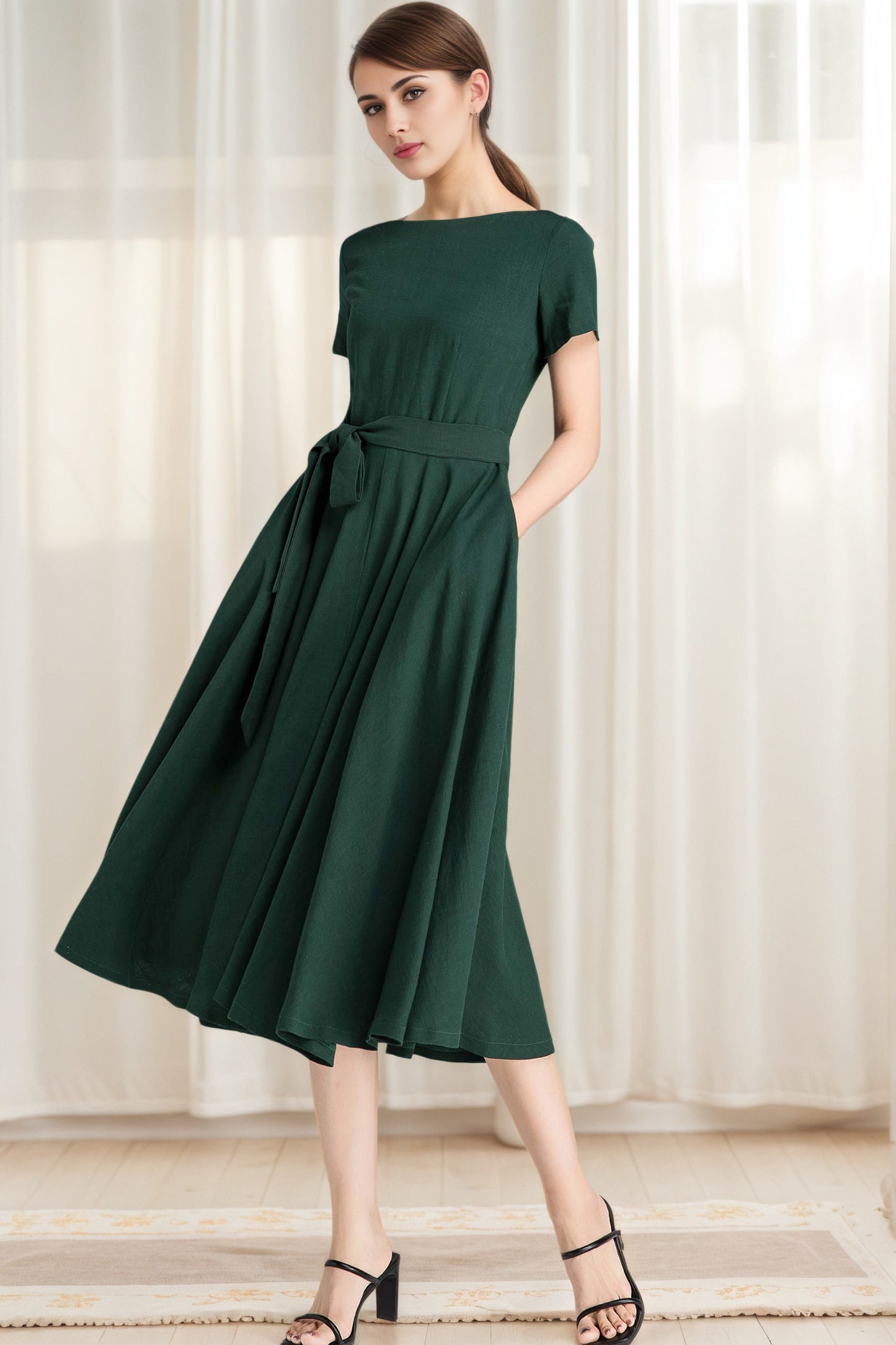 Dark Green Linen Fit and Flare Dress – Boat Neck Midi with Pockets 6626