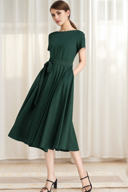 Dark Green Linen Fit and Flare Dress – Boat Neck Midi with Pockets 6626