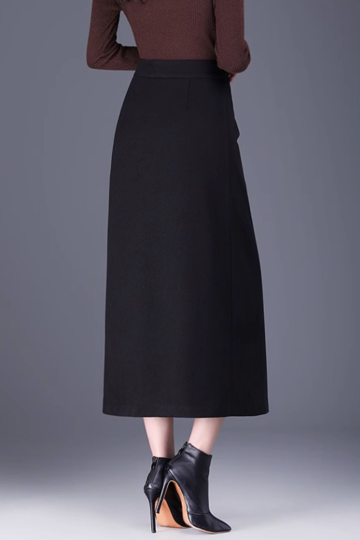 Brown Wool Wrap Midi Skirt - Adjustable Fit, Winter Warmth 6139