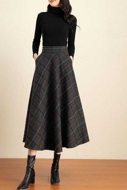 Plaid midi winter wool skirt women 6211