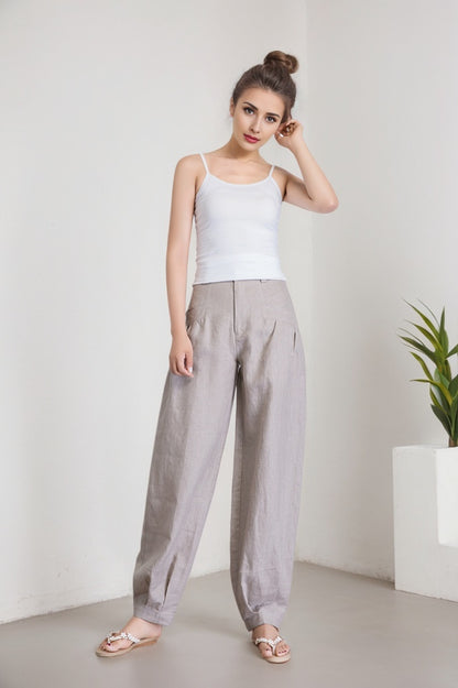 Grey Linen Cotton Baggy Pants - Relaxed Fit, Ankle Length 5916