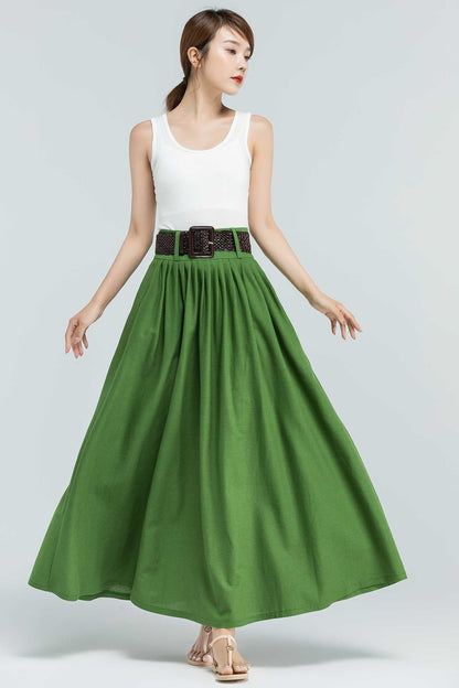 Green Linen Maxi Skirt - Pleated Waist with Pockets 2381