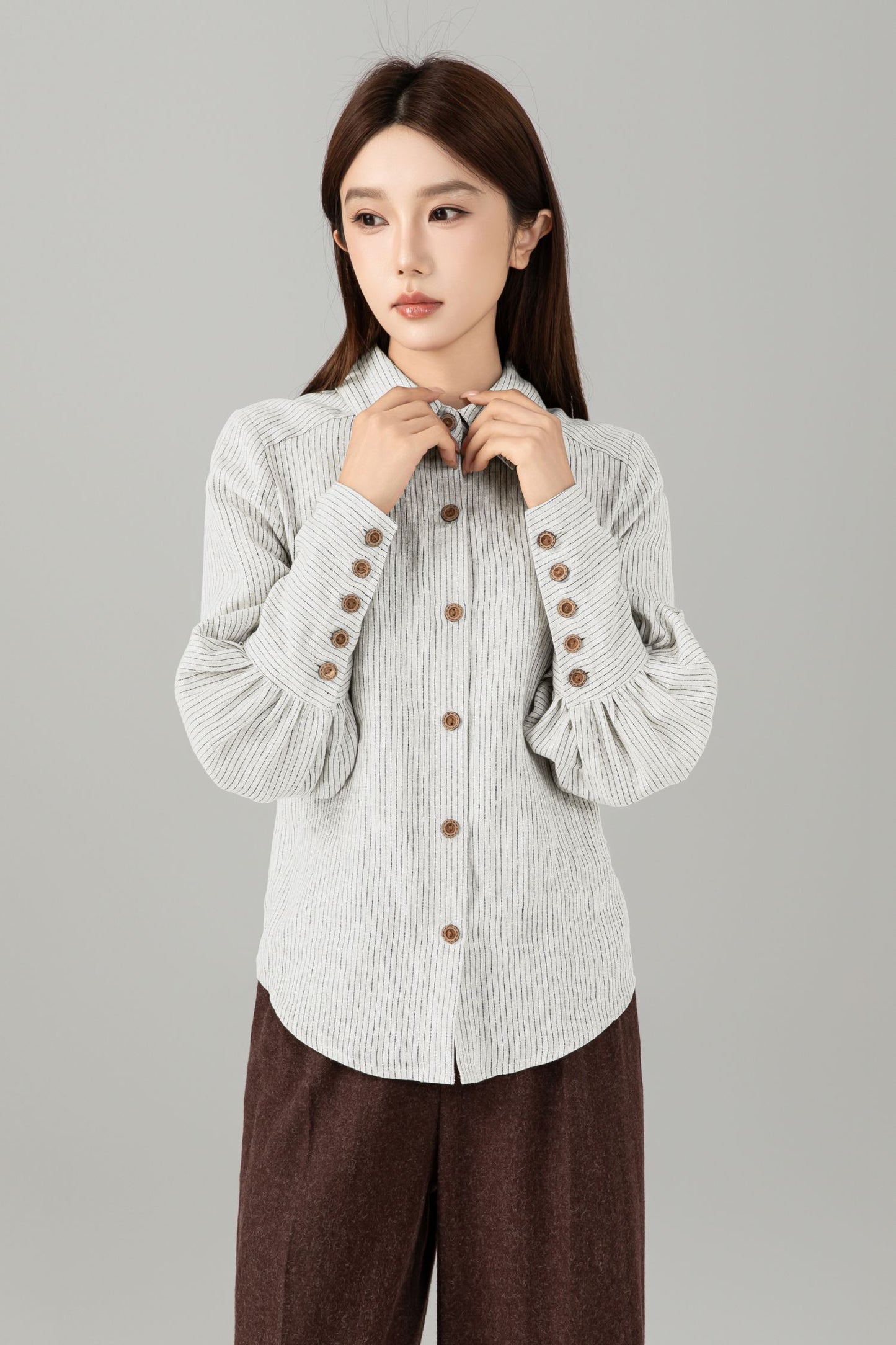 Striped Linen Blouse - Button Down Puff Sleeve | Xiaolizi 6755
